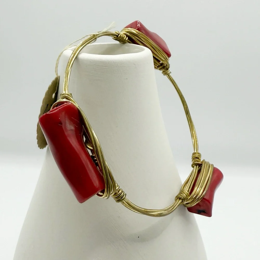 Boho Wire Wrapped Bangle Bracelet | Red Stone Artisan Style